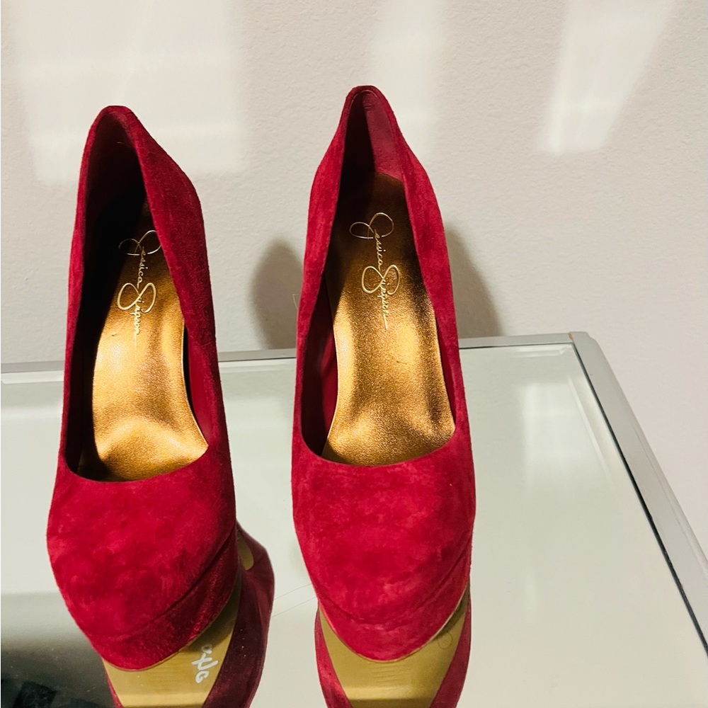 Cranberry suede platform pumps